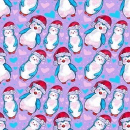 watercolor illustration seamless pattern cute christmas penguins with red cap with blue and pink hearts on purple  background.image for posters, wallpapers, banners, postcards