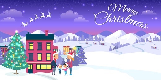 happy family is outside near decorated christmas tree. merry christmas on city and blue sky background. raster illustration of emblem of flying white santa in sleigh harnessed by four strong reindeers