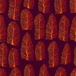 vintage seamless pattern with tree trunks, without leaves, orange-brown color gradient, isolated on a dark brown background. raster forest texture.