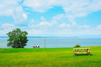beautiful green environment landscape. relaxing place with wooden bench, grass, tree, sea, mountain, sky and cloud. people sitting on bench chair looking at seascape over ocean bay in sunny summer day