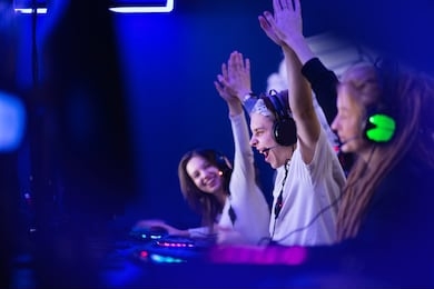 team professional gamer playing winning tournaments online games computer.