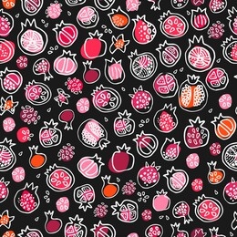 fruit creative pattern for decor on black background. paper, textile print. seamless colorful set with red pomegranates and grains different forms. doodle hand drawn bicolor painting. white stroke.