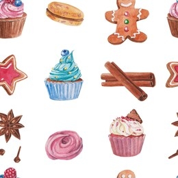 seamless pattern with sweets and spices on a white background. drawn in watercolor.