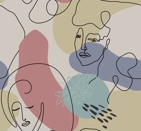 vector seamless pattern with woman face drawn in black continuous line, abstract texture, collage elements. endless background in trendy modern minimalism scandinavian style