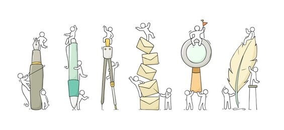 office supplies set with working little people. doodle cute miniature scenes of workers with stationery. hand drawn cartoon illustration for business and school design.