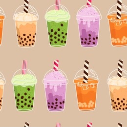 set of various bubble tea. milk tea with tapioca pearls. boba tea. asian taiwanese drink. hand drawn colored trendy vector seamless pattern. cartoon style. flat design.