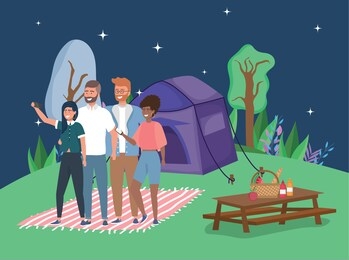 people taking selfie tent blanket camping picnic table night vector illustration