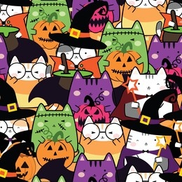 seamless pattern in kawaii cute cat costume for halloween. cartoon animals background, vector illustration