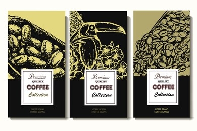 coffee illustration. hand drawn vector banner. coffeeand cocoa beans, flowers, bird,