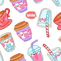 drinks. cute characters. seamless vector pattern (background). cartoon print.