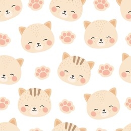 cats with cute kitty paw seamless pattern, doodle cat animals background, kitten vector illustration