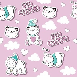 fashion patch badges with polar bears kawaii style and hearts on a pink background seamless pattern