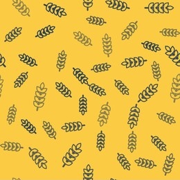 blue line cereals set with rice, wheat, corn, oats, rye, barley icon isolated seamless pattern on yellow background. ears of wheat bread symbols.  vector illustration