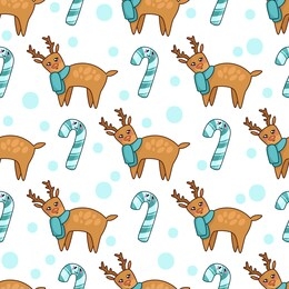 christmas seamless pattern with kawaii reindeer in blue scarf, candy cane or sweet lollipop and dots. cute winter animal. texture for textile, scrapbook or wrapping paper, new year decoration - vector