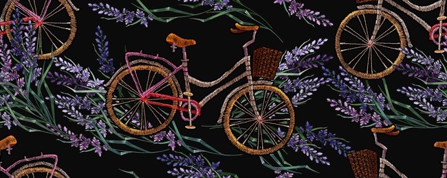embroidery lavender flowers and bicycle horizontal seamless pattern. summer and spring floral art. lifestyle concept. fashion template for clothes, t-shirt design