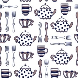 seamless vector pattern with utensil. teapot, cups, forks and spoons with different ornaments. blue and grey kitchenware on white background. wallpaper, textile, print design