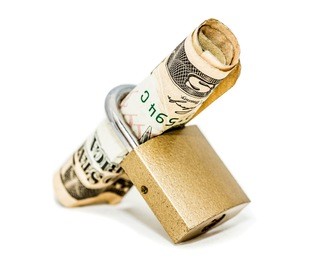 a padlock holding 10 dollar  locked up isolated on white background