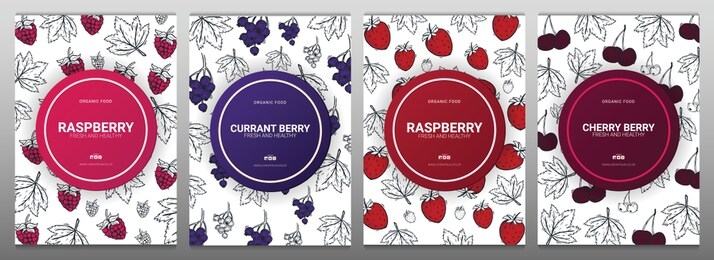 sert of berries banners with raspberries, strawberries, currants and cherries. food design template with berry