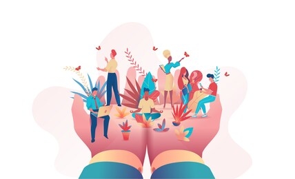big hands of boss hold of small people. metaphor of office people under protection of leader. safety at work concept, care, relaxed atmosphere, perks benefits for personnel. flat vector illustration
