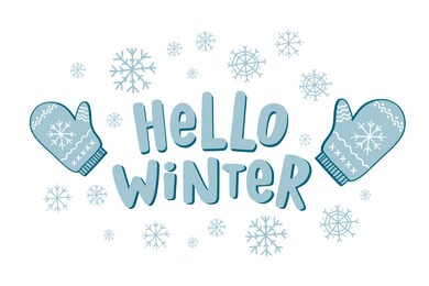 hello winter. illustration with lettering. drawing mittens and snowflakes.vector freehand illustration