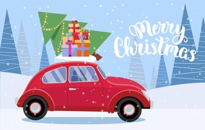 festive postcard with lettering - retro car with presents, christmas tree on roof. little red car carrying gift boxes.vehicle car side view. winter snowy forest around.flat cartoon illustration