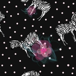 zebra, flowers, dots on dark background, seamless pattern