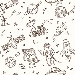 astronomy hand drawn doodle seamless pattern. vector illustration. isolated elements on white background. symbol collection.