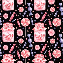 watercolor seamless pattern "delicious different sweets." on a dark background. for printing on wrapping paper, textiles, postcards, tags for confectionery and for other purposes.