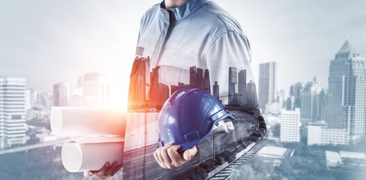 future building construction engineering project concept with double exposure graphic design. building engineer, architect people or construction worker working with modern civil equipment technology.