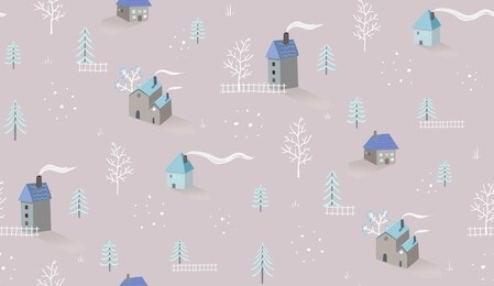 winter holiday village houses seamless pattern background. light colored pastel graphics design for textile, wrapping paper or any background.