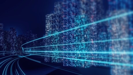 3d rendering of abstract highway path through digital binary towers in city. concept of big data, machine learning, artificial intelligence, hyper loop, virtual reality, high speed network. 