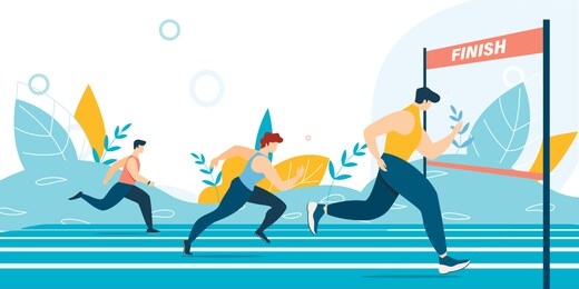 running marathon competition. athlete sprinter group moving to end race point. distance jog on stadium. sportsmen team. finish line. win and championship. vector flat cartoon illustration