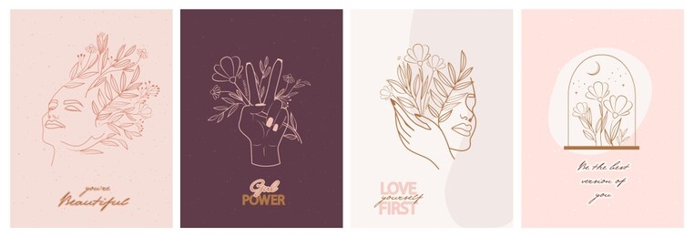 set of motivation and inspiration posters with abstract leaf and flower elements, hands and girl portrait in one line style. illustration in minimalistic style. editable vector illustration