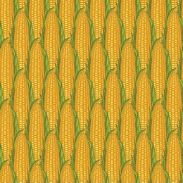 vector seamless pattern with ripe corn cobs with yellow corn grains and green leaves in retro style. repeatable background for healthy menus, kitchen textiles, tableware decor, food blog background.