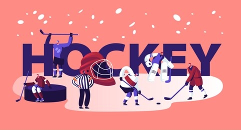 hockey competition tournament concept. men in sports uniform with sticks practicing on ice rink game. players with equipment and judge poster banner flyer brochure. cartoon flat vector illustration