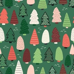 christmas trees vector background. seamless pattern hand drawn doodle trees. decorative holiday background. winter holiday design green red white for fabric, gift wrap, card decoration, scrapbooking