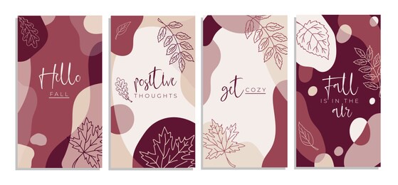 abstract backgrounds collection hello fall, positive thought, get cozy set vector illustration. cards with handwritten lettering and foliage. postcards decorated by autumn leaves symbols