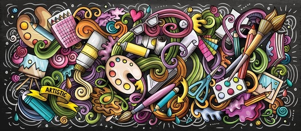 artist supply color illustration. visual arts doodles. painting and drawing street art background. color book cover. graffiti handdrawn poster. vector cartoon banner with hand drawn doodle elements