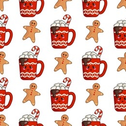 christmas seamless pattern with cup of hot winter beverage or drink and marshmallows and gingerbread man, endless texture for textile, scrapbook or wrapping paper, cute new year vector pattern