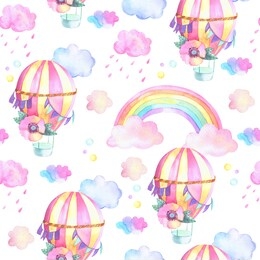 hot air balloons pattern with rainbow and clouds. cute watercolor texture