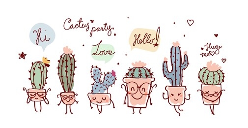banner with cute cactus characters. positive plants exchange pleasant words. template for stickers, print, postcard. the concept of home plants, parties, communication. stock vector isolated on white