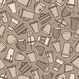 decaying plastic cups coffee, tea, beans seamless pattern. vector hand drawn brown illustration. design print for wallpaper, menu cafe and restaurant. reusable ceramic cup cartoon doodle background.
