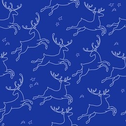 the running deers. seamless pattern of jumping  white line deers isolated on blue background. outline animals and stars. winter background with reindeer. vector. for christmas, new year design.