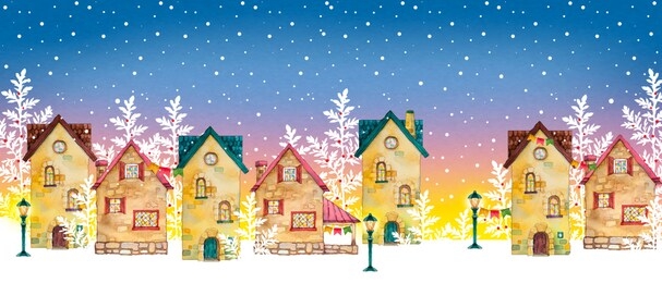 winter background. watercolor illustration of winter background with painted houses, fairy-tale town. design, postcard, banner.