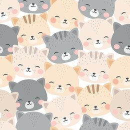 cute cats head seamless pattern, doodle cat animals background, kitten vector illustration
