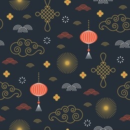 seamless  new year's pattern, chinese new year, clouds, lanterns and decor elements