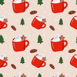 cartoon flat vector seamless pattern with eggnog cookie and green tree. stock illustration in cute doodle style. christmas tradition drink in red cup with whipped cream.  red white pink color.