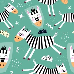 seamless pattern with cartoon zebras, clouds, stars, decor elements on a neutral background. children vector illustration. animal theme. hand drawing. baby design for fabric, textile print, wrapper