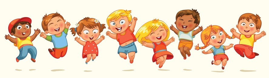  children jump for joy. banner. vector illustration. isolated on white background