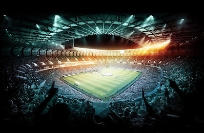 football stadium full of fans with players on the pitch. 3d illustration.